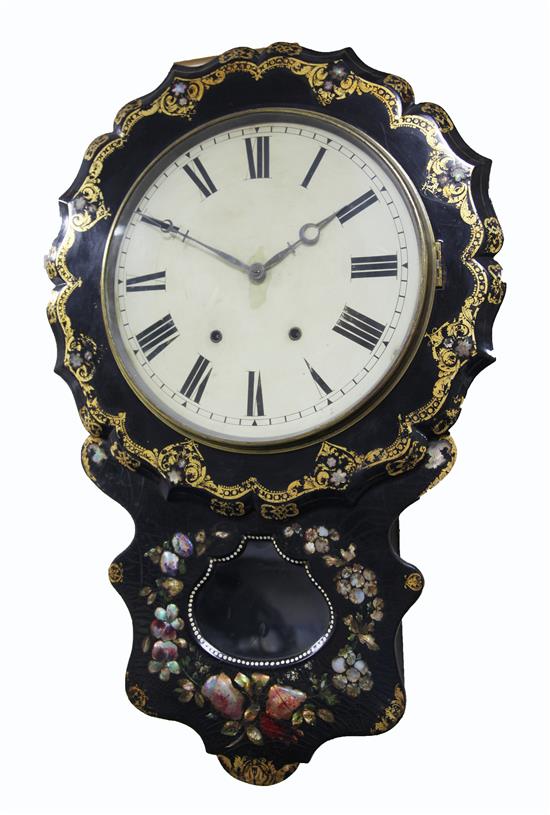 A Victorian mother of pearl inlaid and gilt decorated papier mache drop dial wall clock, 29in.